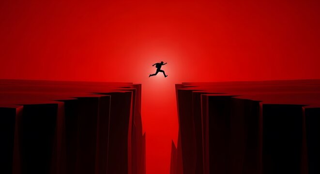 Risk taking concept, person jumping across a deep gap, symbol of courage, challenge and decisive action