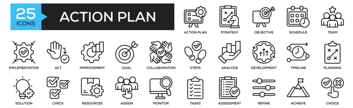 Action Plan icon collection set. Containing design Action Plan, Strategy, Objective, Schedule, Team