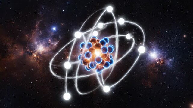 Glowing atomic nucleus with orbiting electrons in deep space