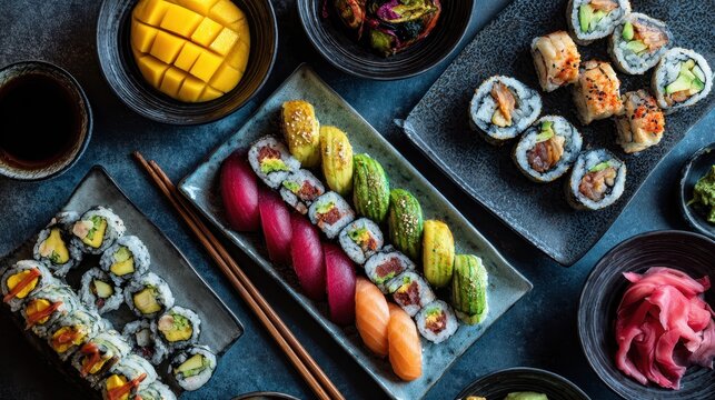 Top view of assorted sushi platter with nigiri and maki rolls on a dark table