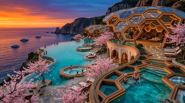 AI-generated 　満開の桜と海が一体化するサンセット・ハニカム・インフィニティプールと和モダンの東屋