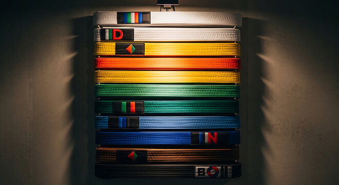 Colorful martial arts belts arranged in a neat and organized display.
