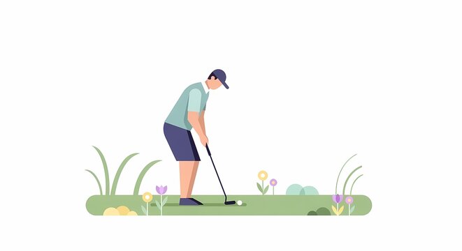 Golfer swings club on spring golf course with flowers and grass
