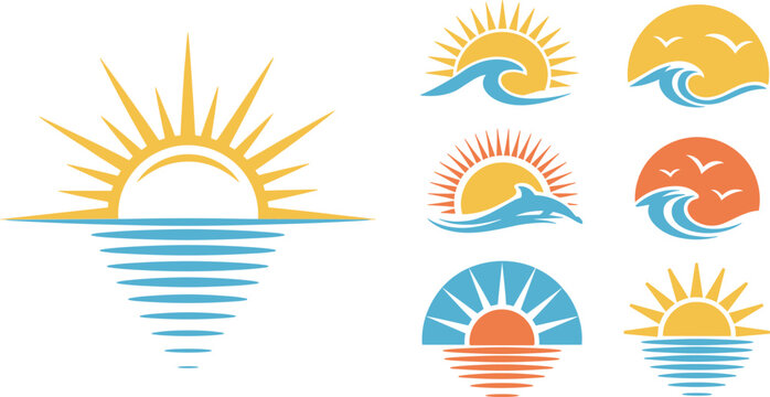 Sun and sea wave logo icon set, summer sunset or sunrise over ocean with dolphin and seagulls flat vector illustration