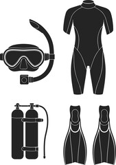 Scuba diving and snorkeling equipment icon set including mask, wetsuit, oxygen tanks, and flippers silhouette vector illustration © Akramul