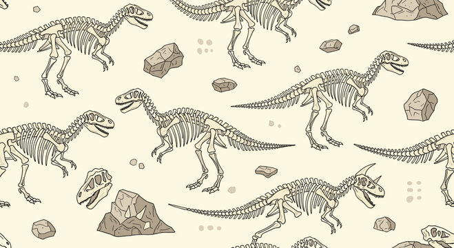 Seamless pattern featuring various dinosaur skeletons like tyrannosaurus rex and triceratops with scattered rocks on a light background.