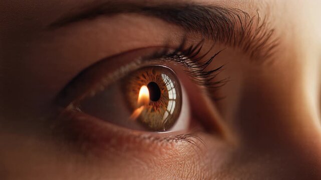 Human eye, close-up blinking sequence, brown iris with reflection, indoor lighting, symbolizing vision.