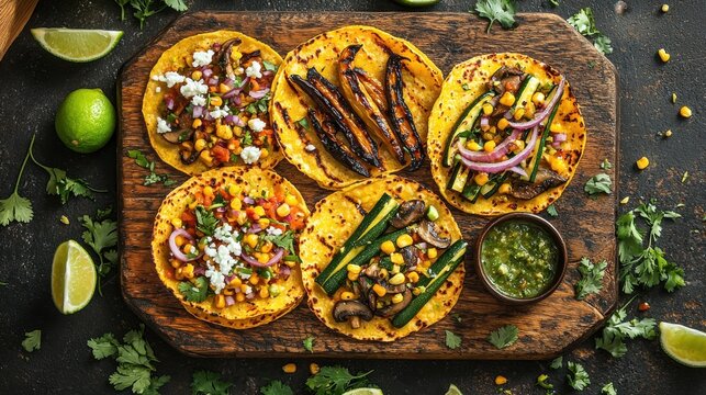 Vegetable sopes flatlay featuring grilled corn, mushrooms, zucchini, and red onion on golden masa bases with queso fresco, cilantro, lime wedges, and salsa verde
