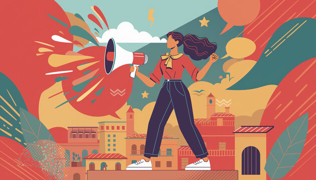 Woman with a megaphone addresses a town with vigor. Ideal for rallying crowds, community activism events, or public speaking concepts.