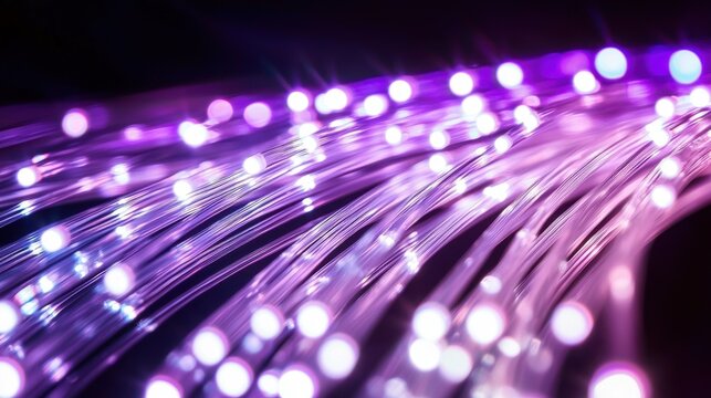 Glowing cable paths long exposure fiber optics purple white light streams elegant curves transparent medium deep field focus dark background