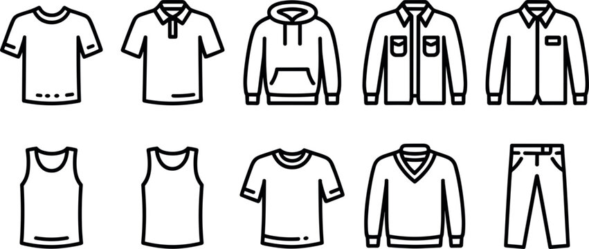 Minimalist Clothing Outline Icon Set Featuring T Shirts Hoodie Jacket Tank Top Sweater and Pants Apparel Collection Vector Design