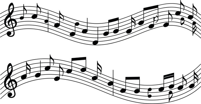 Musical Notes Staff Wave Set with Treble Clef Melody Lines Abstract Sound Rhythm Flow Vector Illustration Isolated on White Background