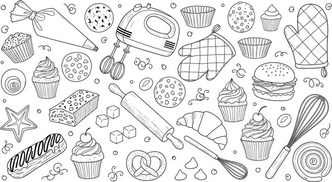 Hand Drawn Baking and Pastry Vector Illustration Set Featuring Cupcakes, Mixer, Rolling Pin, Whisk, Cookies, and Sweet Desserts for Bakery Cafe Menus and Kitchen BrandingHand Drawn Baking and Pastry V