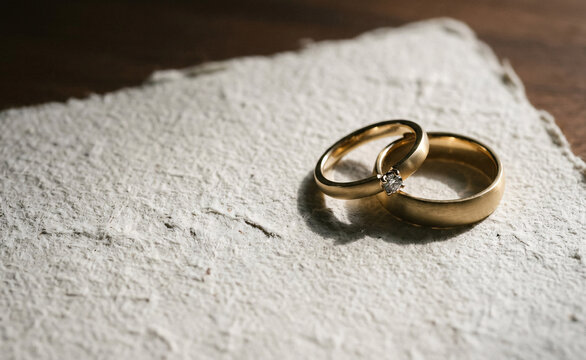 minimal wedding rings casting soft shadow on textured paper background with copy space