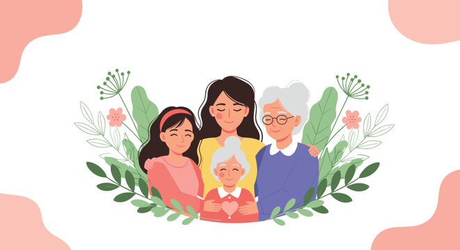 Heartwarming illustration of four generations of women from a young girl to an elderly great-grandmother surrounded by flowers.