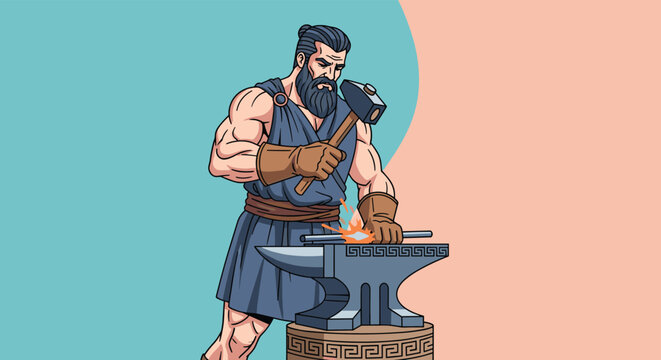 Strong blacksmith with a beard wearing a traditional tunic and leather gloves working with a hammer and anvil in a forge.
