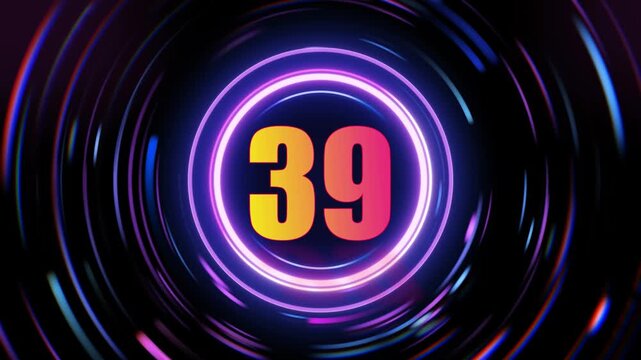 Neon number 39 in purple circles with blue swirls on black background