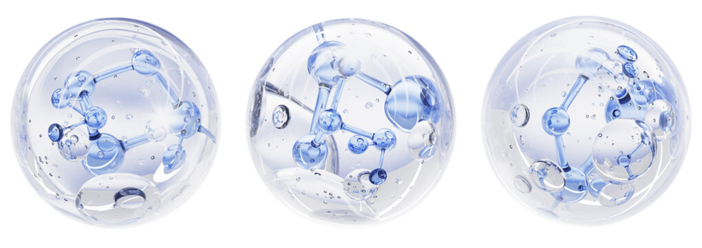 Blue hyaluronic acid 3D molecules in transparent bubble. Liquid collagen serum drops for beauty skincare. Cosmetic moisture spheres. Chemical formula water H2O. Hydrogen H2 production. 3D illustration