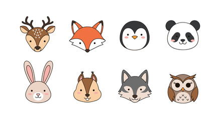 Fototapeta premium Set of eight cute cartoon animal face icons including a deer, fox, penguin, panda, bunny, squirrel, wolf, and owl.
