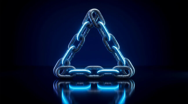 Abstract Security and Protection Concept with Metal Chain Triangle Shape, Strength, Connection and Cyber Defense Symbol on Dark Background