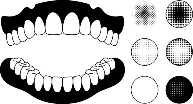 Open Mouth Teeth Set with Halftone Dots and Comic Style Elements Black and White Dental Illustration Vector Graphic Isolated on White Background