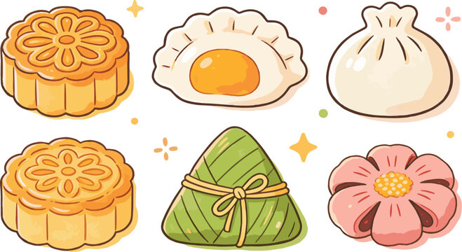 Colorful doodle icon collection featuring traditional Asian snacks and desserts including mooncake, rice dumplings, buns, pastries, and sweet treats in cute hand drawn style.