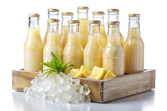 chilled pineapple lemonade bottles on wooden crate with ice and mint
