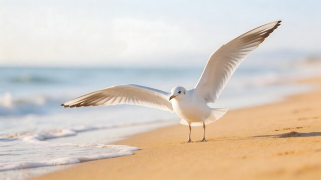 Seagull on beach with wings spread