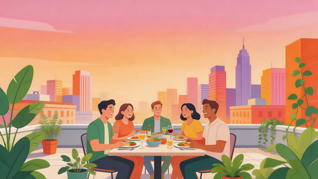 People dining on rooftop with city view