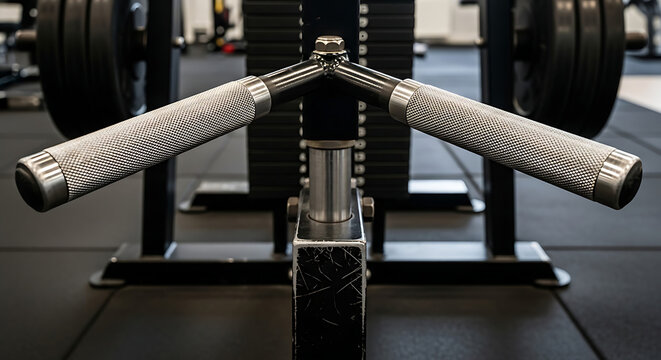 Close-up view of a gym lat pulldown machine with handles.