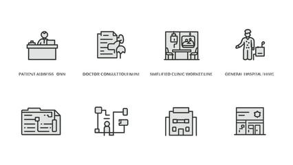 Fototapeta premium Healthcare Icon Set: A collection of clean, modern line art icons representing various aspects of healthcare, including patient registration, doctor consultation, simulated clinic, and hospital.
