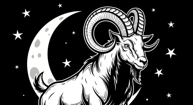 Aries Zodiac sign illustration with moon and stars