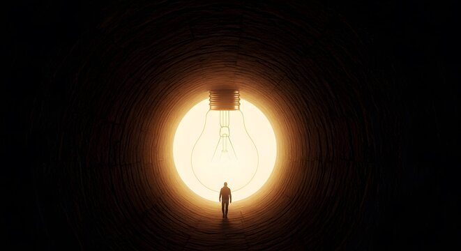 Insight concept, silhouette single person with bright light bulb , symbol of finding solutions, inspiration and clarity