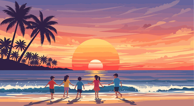 Childrens Sunset Beach Fun Among Tropical Palm Trees