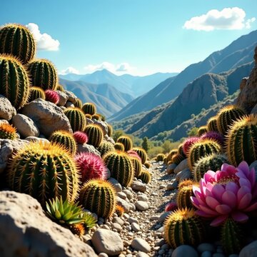 Dense, varied cacti & succulents thrive in rocky terrain, arid, green