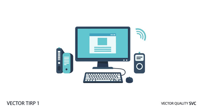 Modern computer setup with desktop, keyboard, mouse, and external hard drive on white background