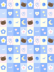 Fototapeta premium Cute Blue Kawaii Patchwork Seamless Pattern with Bear, Flowers, Moon and Hearts. Pastel Blue Cute Teddy Bear Seamless Pattern, Kawaii Icons Grid Background retro typography cute branding