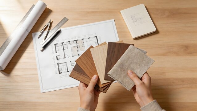 Hands holding material samples near architectural plans
