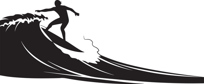 Black silhouette of surfer riding wave surfboard