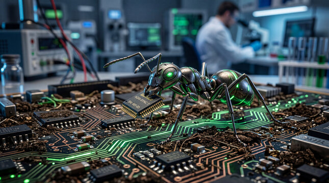 Close up of a metallic nanotech ant carrying a microchip on a circuit board soil, smart farming insect drone, laboratory environment, 8K.