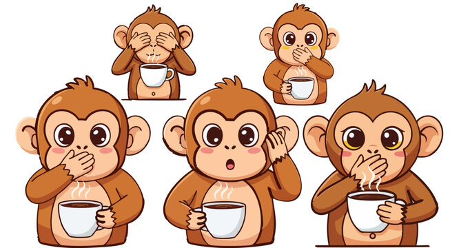 Cute monkey cartoon character set, funny brown ape holding coffee cup vector, five expressive primate mascots with hot drink mugs on white background
