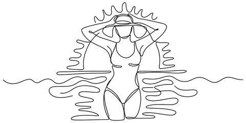 Fototapeta premium Continuous single line drawing of a woman in a swimsuit standing in the ocean during a beautiful golden sunset at the beach Vector, illustration