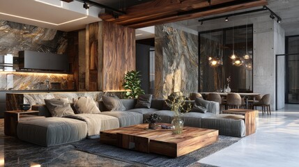 Fototapeta premium Modern living interior design with stylish contemporary home decor, spacious open concept apartment, elegant furniture arrangement, natural light filled room, minimal aesthetic lifestyle environment, 