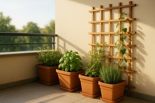 Potted herbs and climbing plant on balcony in warm sunlight with wooden trellis on wall and green foliage background. Ai generative. Ai generative
