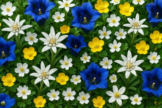 Colorful alpine wildflowers with blue, yellow, and white blossoms arranged in a vivid natural pattern on a green leafy background. Ai generative