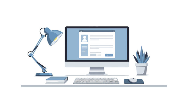 Modern Office Desk with Computer, Lamp, and Plant - Flat Design