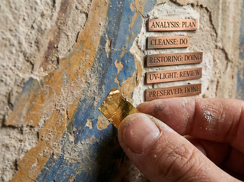 Expert conservator meticulously analyzes an ancient wall fragment, carefully following a detailed restoration and preservation plan to uncover historical secrets