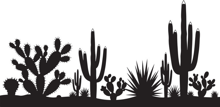 Black silhouette of various cacti and desert plants