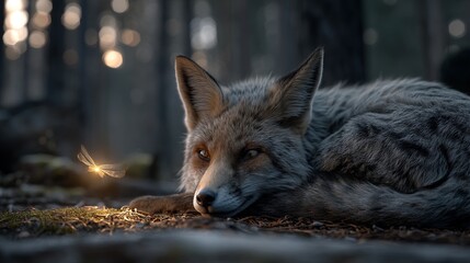 Fototapeta premium Young Fox Curled Up on Forest Floor Looking Toward Bright Glow in Nature