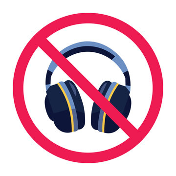 No headphones allowed sign, headset forbidden icon, no listening music while working sign, no audio devices symbol, no music icon